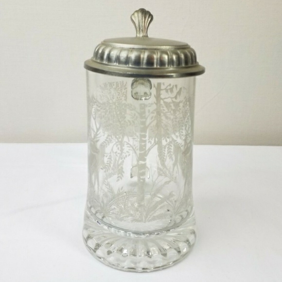 ALWE Vintage Glass Etched Wild Deer Beer Stein Mug Tankard w/Pewter Lid Italy - Picture 4 of 8